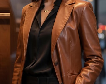 Women's Leather Blazer | Vintage 90s Cowhide Coat | Autumn Business Casual Jacket