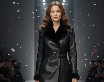 Womens Black Sheepskin Leather Trench Coat - Fur Collar, Belted Overcoat