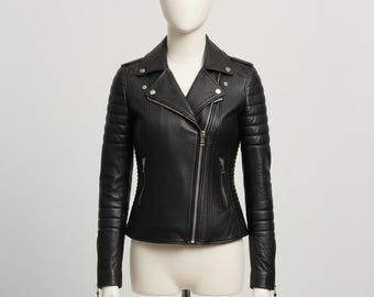 Handmade Womens Black Sheepskin Biker Jacket | Slim Fit Cafe Racer