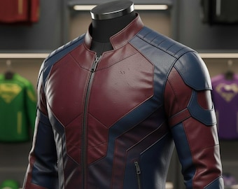 Chaqueta de superhéroe de cuero rojo y azul hecha a mano – Disfraz de motero para cosplay
