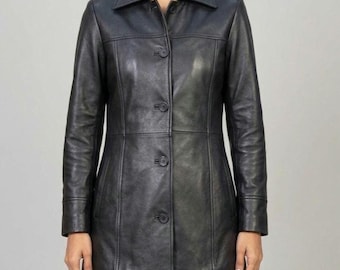 Women's Genuine Leather Trench Coat: Black Mid-Length Sheepskin Jacket, Slim Fit Blazer