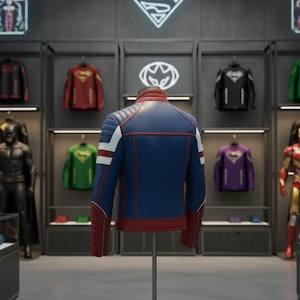 Puede incluir: Una chaqueta de cuero azul, roja y blanca sobre un maniqu&iacute;, con un dise&ntilde;o acolchado en los hombros. La chaqueta se exhibe en una tienda con otras chaquetas y figuras tem&aacute;ticas de superh&eacute;roes. La tienda tiene un logotipo de Superman.