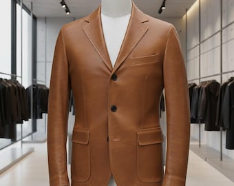Mens Cognac Tan Lambskin Leather Blazer | Handmade Two-Button Sport Coat