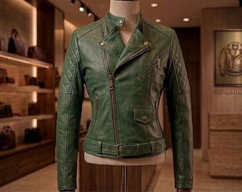 Women's Green Sheepskin Leather Biker Jacket | Slim Fit Moto Coat