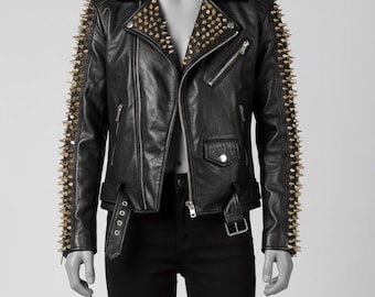 Handmade Gold Studded Leather Biker Jacket – Punk Rock Moto Style