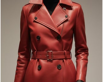 Red Lambskin Leather Trench Coat - Women's Double Breasted Overcoat