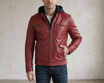 Men's Red Sheepskin Leather Jacket with Hood – Slim Fit Biker Streetwear