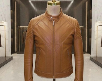 Men's Handmade Lambskin Cafe Racer Jacket | Camel Brown, Slim Fit