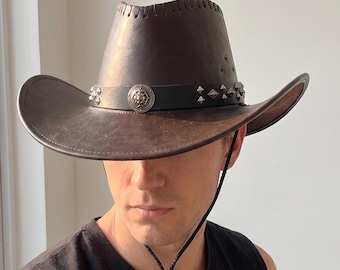 Faux Leather Cowboy Hat | Western Ranch Hat | Wide Brim Cowgirl Hat | Costume Headwear