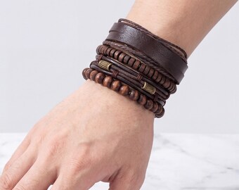 Faux Leather Wooden Beads Bracelet Stack | Adjustable Multi-Layer Wristband
