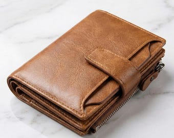 Mens Faux Leather Wallet | Compact Zipper & Snap Closure