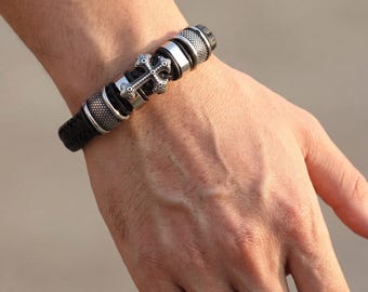 Men’s Leather Cross Bracelet | Vintage Punk Rope Charm Wristband | Gold or Silver Christian Gift