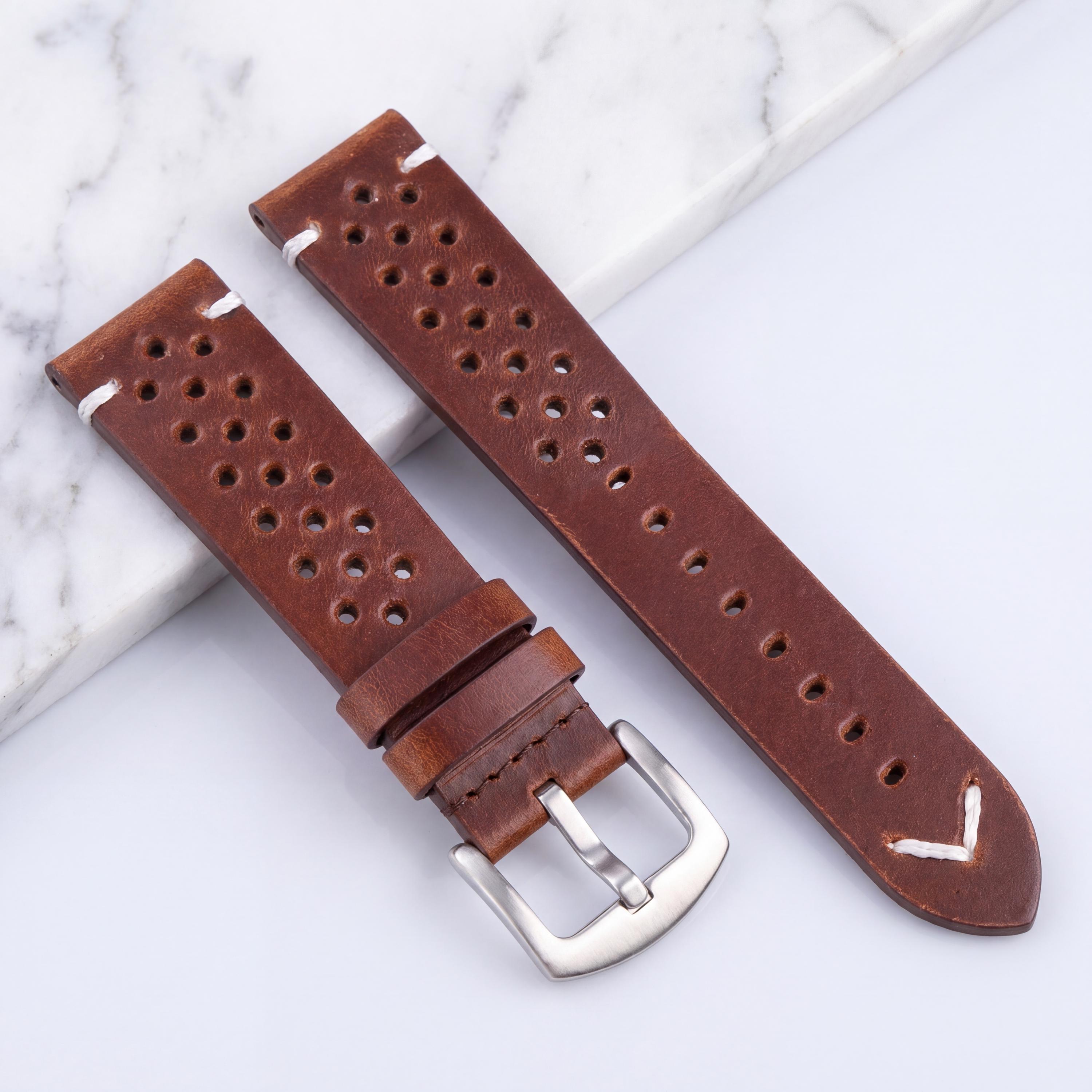 Perforated Genuine Leather Watch Strap Classic Cowhide Replacement Band