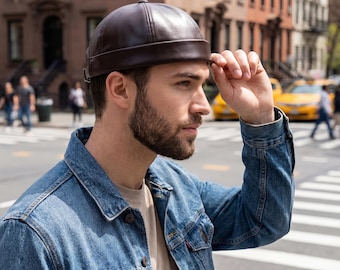 Faux Leather Docker Beanie Hat | Retro Rolled-Brim Skullcap | Streetwear Fashion Cap