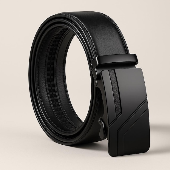 Men's Black Leather Belt | Automatic Ratchet Buckle, Adjustable Fit