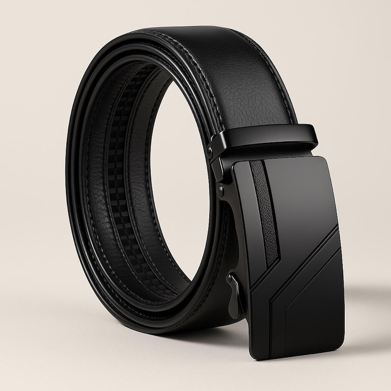 Puede incluir: Un cintur&oacute;n de cuero negro con una hebilla geom&eacute;trica moderna. El cintur&oacute;n est&aacute; enrollado en un bucle, mostrando su textura suave y el intrincado dise&ntilde;o de la hebilla. La hebilla tiene un acabado negro mate.