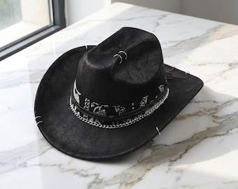 Black Cowboy Hat with Chain Band | Bandana Festival Party Costume Cap