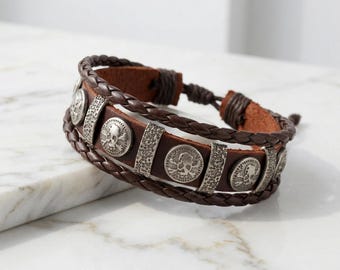 Faux Leather Skull Style Bracelet | Goth Inspired Adjustable Wristband | Braided Chain Bracelet