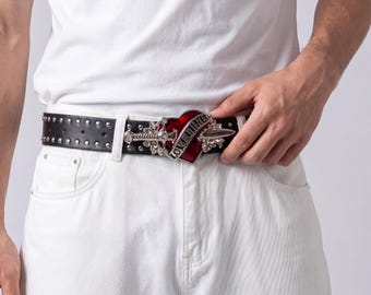 Cinturón gótico con espada y corazón / Cinturón de piel sintética con tachuelas, accesorio de estilo urbano Y2K