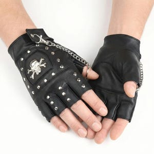 Black Studded Fingerless Motorcycle Gloves - Genuine Cowhide Leather - Rock And Roll Style