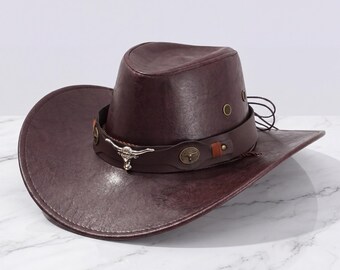 Faux Leather Cowboy Hat | Wide Brim Ranch Festival Outfit (36.5cm)
