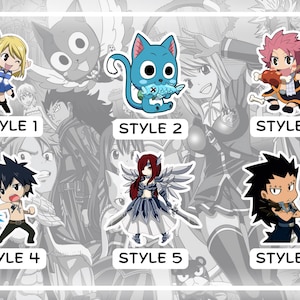 May include: A collection of six anime-style stickers featuring characters from the Fairy Tail series. Each sticker showcases a different character in a chibi style, with vibrant colors and dynamic poses. The stickers are labeled with the text "STYLE" followed by a number.