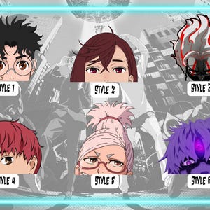 May include: An illustration featuring six different anime-style character portraits. Each portrait is a close-up of the face, with varying hairstyles, eye colors, and expressions. The text "STYLE" is below each portrait, with numbers 1 through 6.