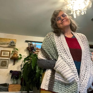 Hand-Crocheted Pocket Shawl: Sage & Cream Wool Blend Scarf