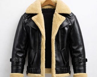 Men’s Black Shearling Leather Aviator Jacket | Genuine Sheepskin B3 Bomber with Light Gold Fur Collar | Luxury Winter Flying Jacket