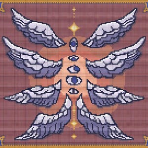 Peut inclure: Une œuvre d'art pixélisée représentant un motif symétrique d'ailes d'ange stylisées en nuances de blanc et de violet. Les ailes sont disposées autour d'une figure centrale avec plusieurs yeux et un fond en forme d'éclat d'étoile, sur une grille brun-rouge.