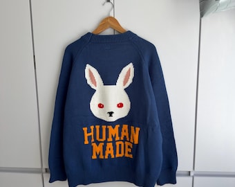 Suéter de punto raglán Human Made Bear azul marino, jersey de estilo vintage para hombre, talla M extragrande