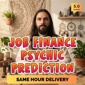 May include: An image featuring a man with long hair and a beard, with the words "JOB FINANCE PSYCHIC PREDICTION" in a colorful font. The text "SAME HOUR DELIVERY" is also visible. The background includes plants, crystals, and dream catchers.