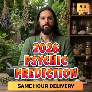 May include: Image features a man with long hair and a beard, wearing a green shirt. Text overlay reads "2026 PSYCHIC PREDICTION" and "SAME HOUR DELIVERY". Herbs and bottles are visible in the background, suggesting a spiritual or wellness theme.