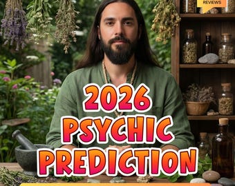 May include: Image features a man with long hair and a beard, wearing a green shirt. Text overlay reads "2026 PSYCHIC PREDICTION" and "SAME HOUR DELIVERY". Herbs and bottles are visible in the background, suggesting a spiritual or wellness theme.