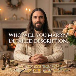 May include: A man with long hair and a beard sits at a wooden table with tarot cards. The text "WHO WILL YOU MARRY? DETAILED DESCRIPTION" is displayed. A bouquet of flowers and candles are in the background. Small statues and crystals are also on the table.