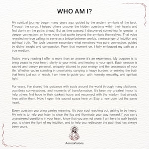 K&ouml;nnte beinhalten: Wei&szlig;er Hintergrund mit dem Text "WHO AM I?" und einer Beschreibung spiritueller F&uuml;hrung und Lesungen. Der Text wird von einer kleinen Illustration einer religi&ouml;sen Figur und dem Namen "AeronVisions" begleitet.