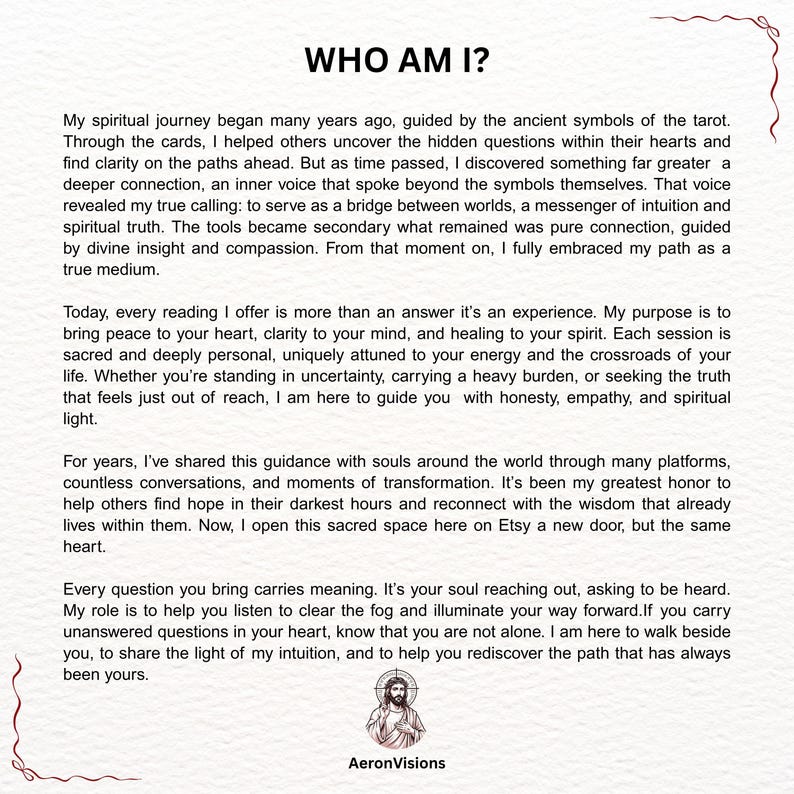 K&ouml;nnte beinhalten: Wei&szlig;er Hintergrund mit dem Text "WHO AM I?" und einer Beschreibung spiritueller F&uuml;hrung und Lesungen. Der Text wird von einer kleinen Illustration einer religi&ouml;sen Figur und dem Namen "AeronVisions" begleitet.