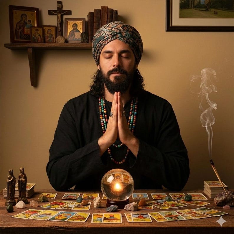 K&ouml;nnte beinhalten: Eine Person mit Turban und schwarzer Kleidung sitzt an einem Holztisch mit einer Kristallkugel, Tarotkarten und Edelsteinen. R&auml;ucherst&auml;bchen steigen auf, und kleine Statuen und religi&ouml;se Ikonen befinden sich auf einem Regal im Hintergrund.