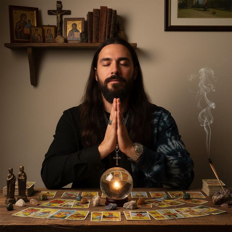 K&ouml;nnte beinhalten: Eine Person mit langen Haaren und Bart, die ein schwarzes Hemd tr&auml;gt, sitzt an einem Holztisch mit Tarotkarten, Kristallen und einer Kristallkugel. Weihrauch steigt auf. Religi&ouml;se Ikonen und B&uuml;cher befinden sich auf einem Regal im Hintergrund.