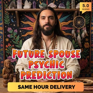 Puede incluir: Un hombre con pelo largo y barba, vistiendo una camisa color crema, es el foco central. La imagen presenta el texto "FUTURE SPOUSE PSYCHIC PREDICTION" y "SAME HOUR DELIVERY". Un atrapasueños y cristales son visibles.