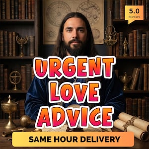 May include: A person with long hair and a beard, wearing a blue velvet robe, with the text "URGENT LOVE ADVICE" in a vibrant, multi-colored font. The background includes bookshelves, antique maps, and scrolls, suggesting a theme of divination and guidance.