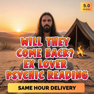 以下が含まれることがあります： 「Will They Come Back? Ex Lover Psychic Reading」というテキストが表示された画像。砂漠の風景の中で瞑想のポーズをとる人物が描かれています。背景にはテントとキャンプファイヤーがあります。