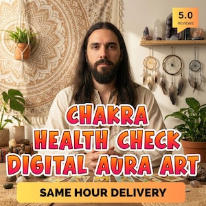 Peut inclure: L'image présente un homme aux cheveux longs et à la barbe, avec le texte "Chakra Health Check Digital Aura Art" et "Same Hour Delivery". L'arrière-plan comprend des plantes, des attrape-rêves et une étagère avec des cristaux.