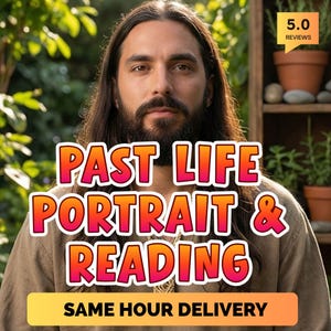 Puede incluir: Un hombre con pelo largo y oscuro y barba está centrado frente a un fondo verde. El texto "PAST LIFE PORTRAIT & READING" se muestra en letras grandes y coloridas. Debajo, el texto "SAME HOUR DELIVERY" está en una pancarta amarilla. Una pequeña caja en la esquina superior derecha dice "5.0 REVIEWS".