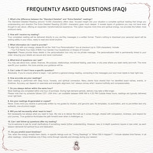 K&ouml;nnte beinhalten: Ein wei&szlig;es Dokument mit der &Uuml;berschrift &bdquo;FREQUENTLY ASKED QUESTIONS (FAQ)&ldquo;. Das Dokument enth&auml;lt elf nummerierte Fragen und Antworten zu spirituellen Lesungen, einschlie&szlig;lich Details zu Lieferung, Personalisierung und Genauigkeit. Unten befindet sich ein kleines Bild einer religi&ouml;sen Figur.
