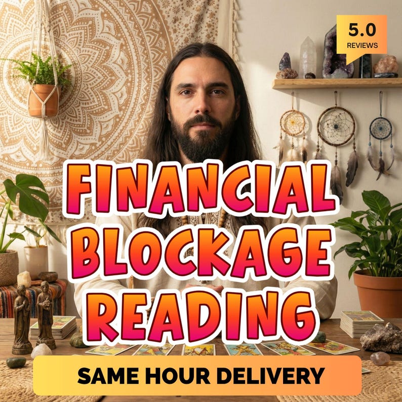 K&ouml;nnte beinhalten: Ein Bild mit einem Mann mit langen Haaren und Bart, mit den Worten "FINANCIAL BLOCKAGE READING" in gro&szlig;em, farbenfrohem Text. Der Text "SAME HOUR DELIVERY" ist ebenfalls sichtbar. Der Hintergrund umfasst Pflanzen, Kristalle und Traumf&auml;nger.