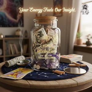 May include: A glass jar filled with money, coins, and amethyst crystals, labelled "Cosmic Contributions" with the text "Tip Jar for Psychic Readings." The jar is on a table with tarot cards, incense, and a small mirror. The image includes the text "Your Energy Fuels Our Insight."