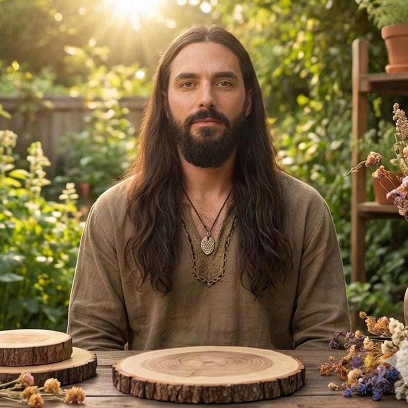 K&ouml;nnte beinhalten: Ein Mann mit langen dunklen Haaren und Bart, der ein braunes Hemd und eine Halskette mit Anh&auml;nger tr&auml;gt. Er sitzt an einem Holztisch mit mehreren Holzscheiben. Der Hintergrund ist ein &uuml;ppiger gr&uuml;ner Garten mit Sonnenlicht.