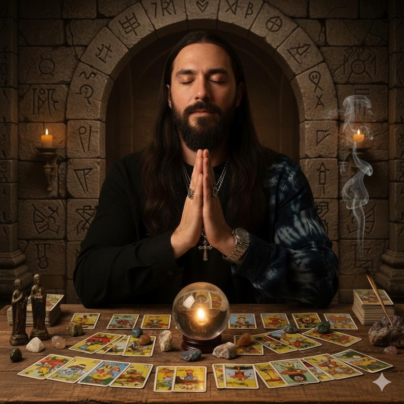 May include: A medium shot of a person with long hair and a beard, hands clasped in prayer, surrounded by tarot cards, crystals, and a glowing crystal ball. The scene is set in a room with stone walls and archways, lit by candles.