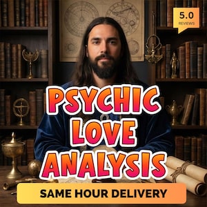 Puede incluir: Imagen de un hombre con pelo largo y barba, vistiendo una túnica de terciopelo azul, con las palabras "PSYCHIC LOVE ANALYSIS" en una fuente colorida. La imagen también incluye el texto "SAME HOUR DELIVERY" y una insignia de "5.0 REVIEWS".